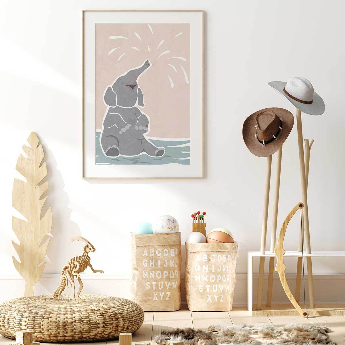 Affiche enfant scandi elephant  Affiche + cadre en bois - Chêne