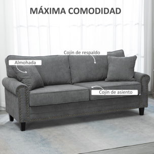 Sofá de 2 Plazas Sofá de Salón Moderno Tapizado en Poliéster con 2 Cojines Ribete de Cabeza de Clavo y Patas de Madera 196x80,5x89 cm Gris