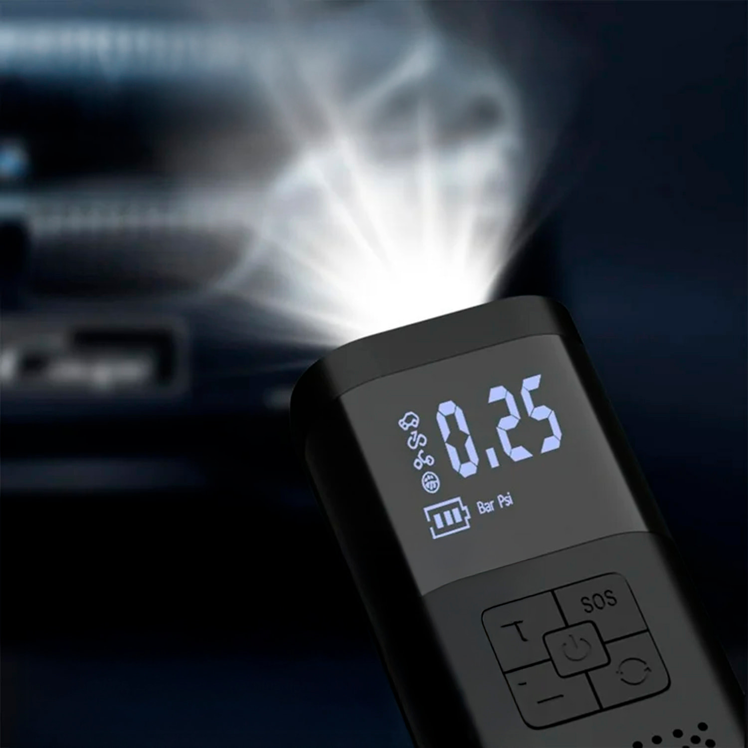 Bomba de aire portátil e inalámbrica paa coche, de 150PSI con luz LED, 3 modos de uso y 4 boquillas incluidas.