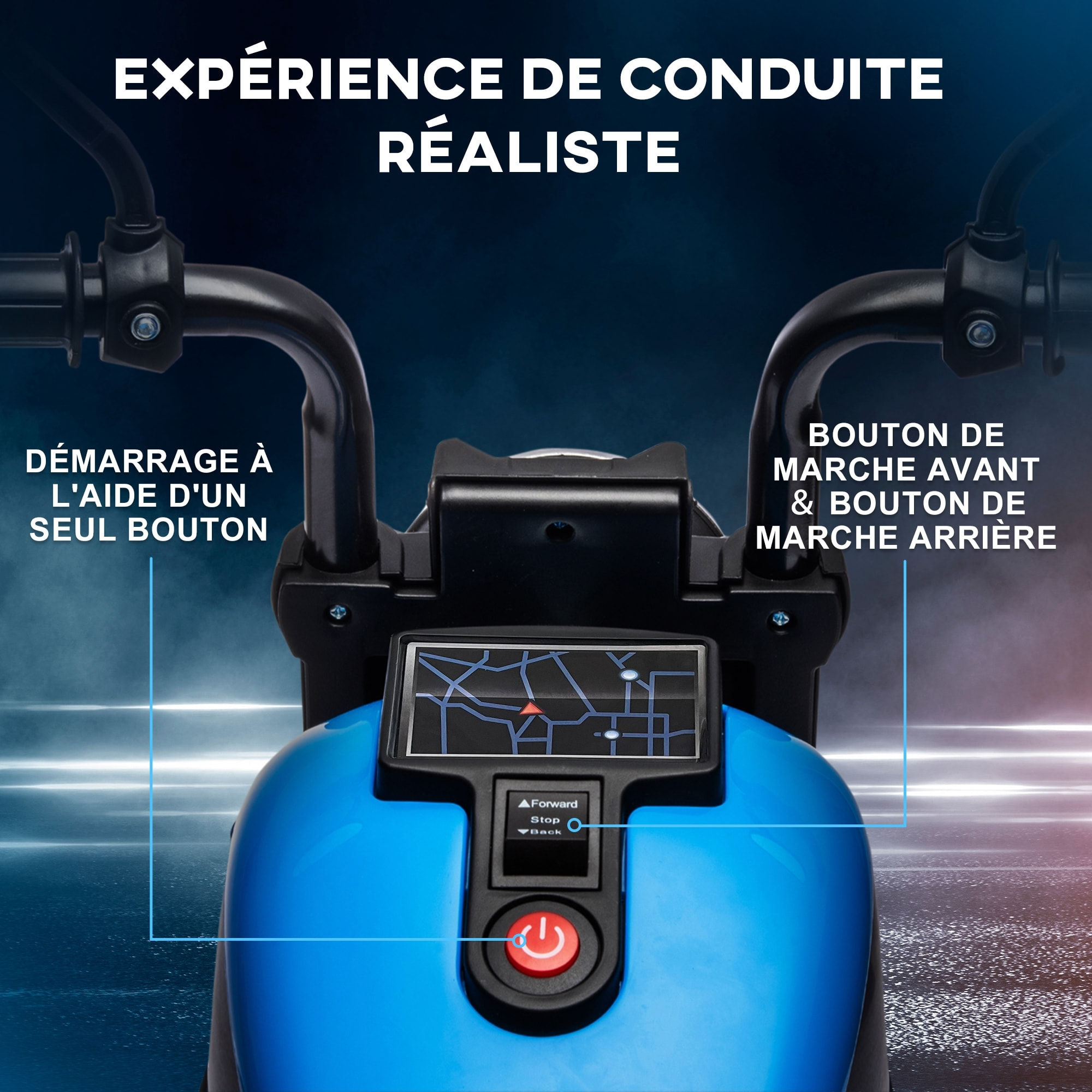 Moto électrique enfant 6 V 3 Km/h effet lumineux roulettes amovibles repose-pied pédale métal PP bleu noir