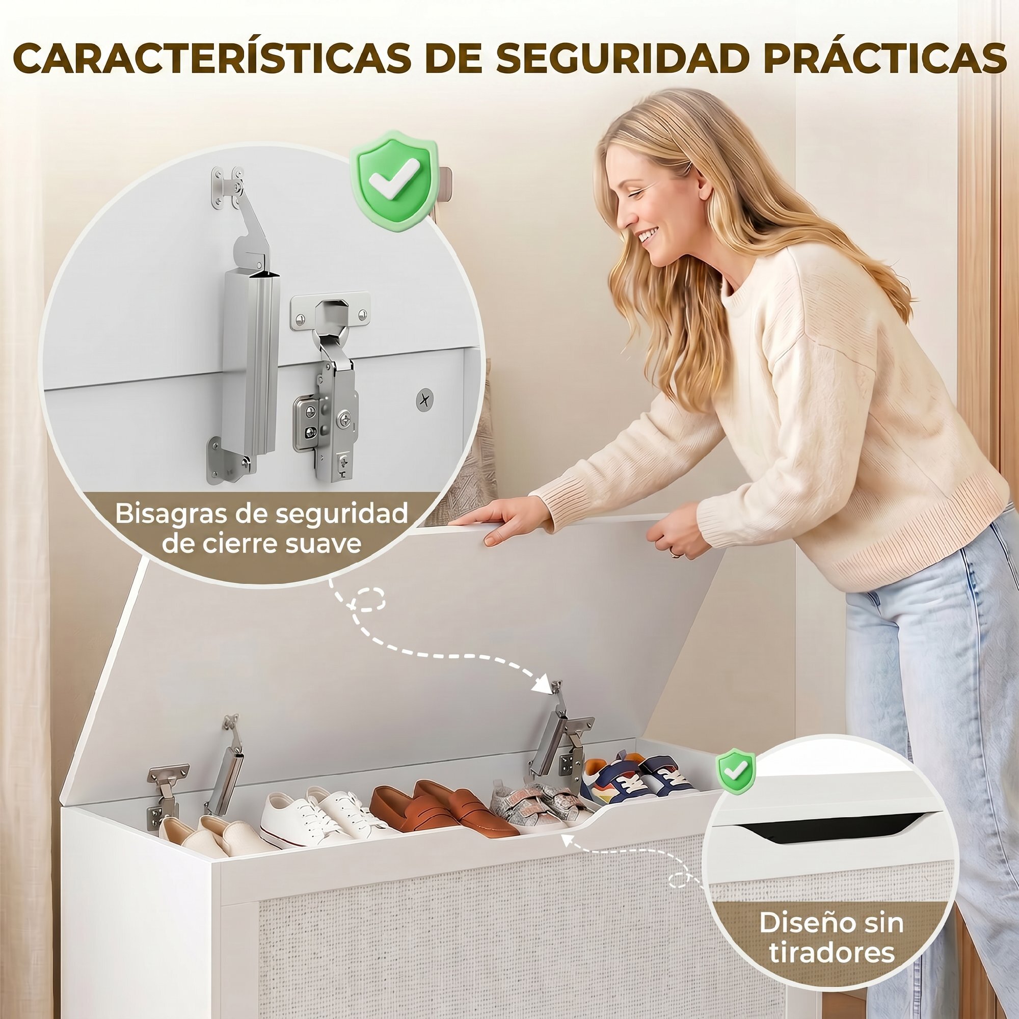 Baúl de Almacenaje 136L, Banco de Almacenaje con Panel de Ratán, Tapa Elevable, Brazos de Soporte, Diseño Sin Tiradores, para Recibidor, Pasillo, Dormitorio, Salón, 100x40x45 cm, Blanco