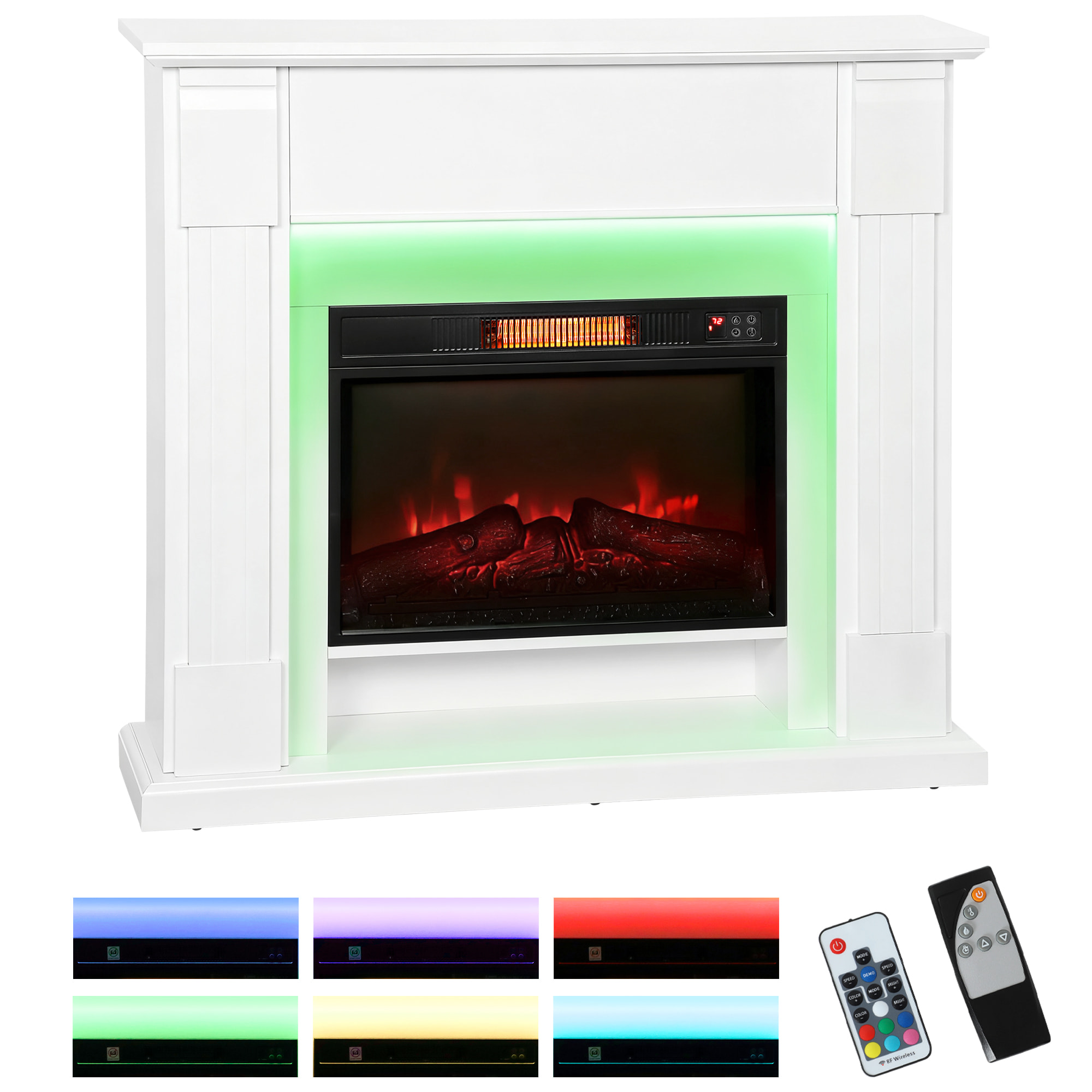 Chimenea Eléctrica Empotrable con Efecto de Llama 3D, Tira de Luz LED RGB, Chimenea Decorativa, 1800W, Temporizador, Termostato Digital, Mando a Distancia, para 30 Ã£Å½Â¡, Blanco