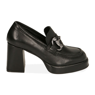 Mocasines plataforma negros en piel, tacón 8,5 cm