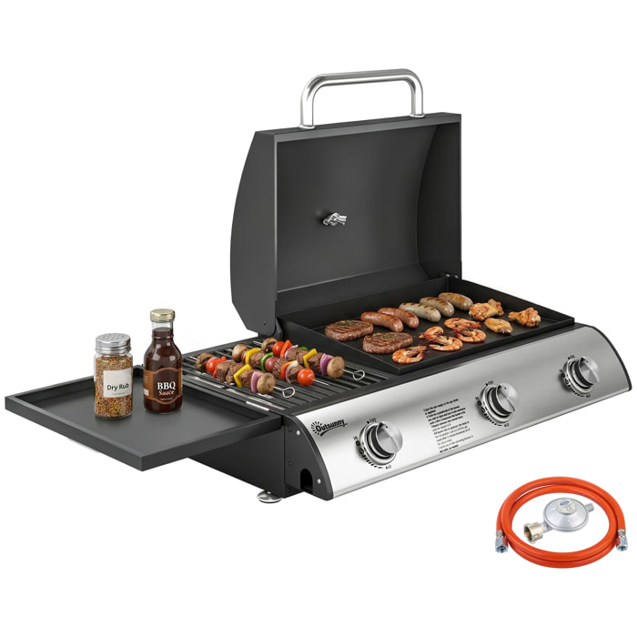 Barbacoa de Gas BBQ Gas con 3 Quemadores 7,5 kW, Barbacoa de Mesa Portátil con Parrilla, Plancha, Estante Lateral Convertible, Termómetro, Tapa, Caja de Goteo, Patas Ajustables, Negro