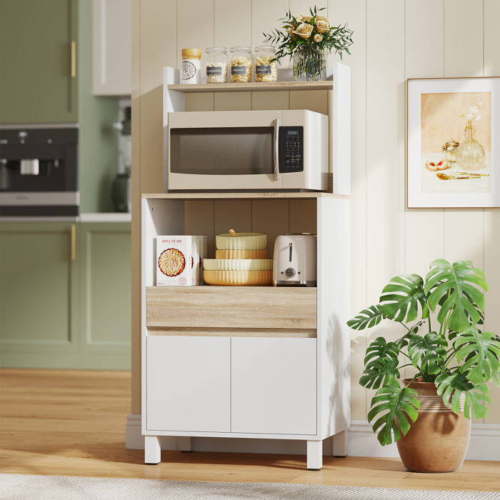 Rangement desserte de cuisine pour micro-ondes - 2 portes, 2 niches, tiroir, étagère - blanc naturel