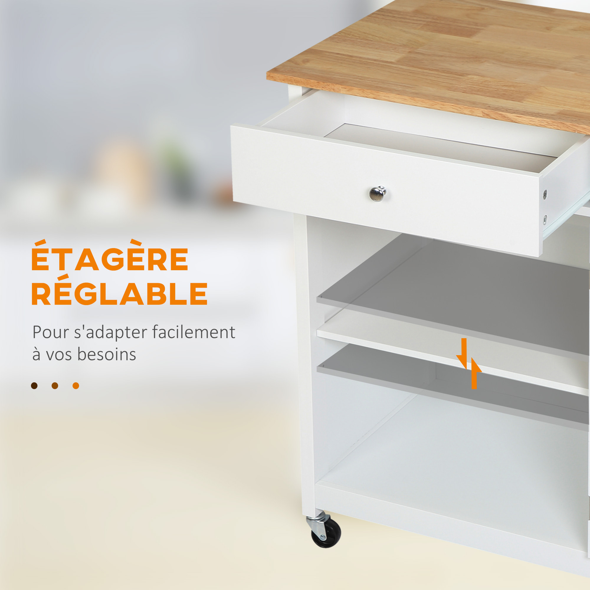 Desserte de cuisine à roulettes multi-rangement - placard porte vitrée avec étagère réglable, tiroir, porte-torchon - blanc aspect chêne clair