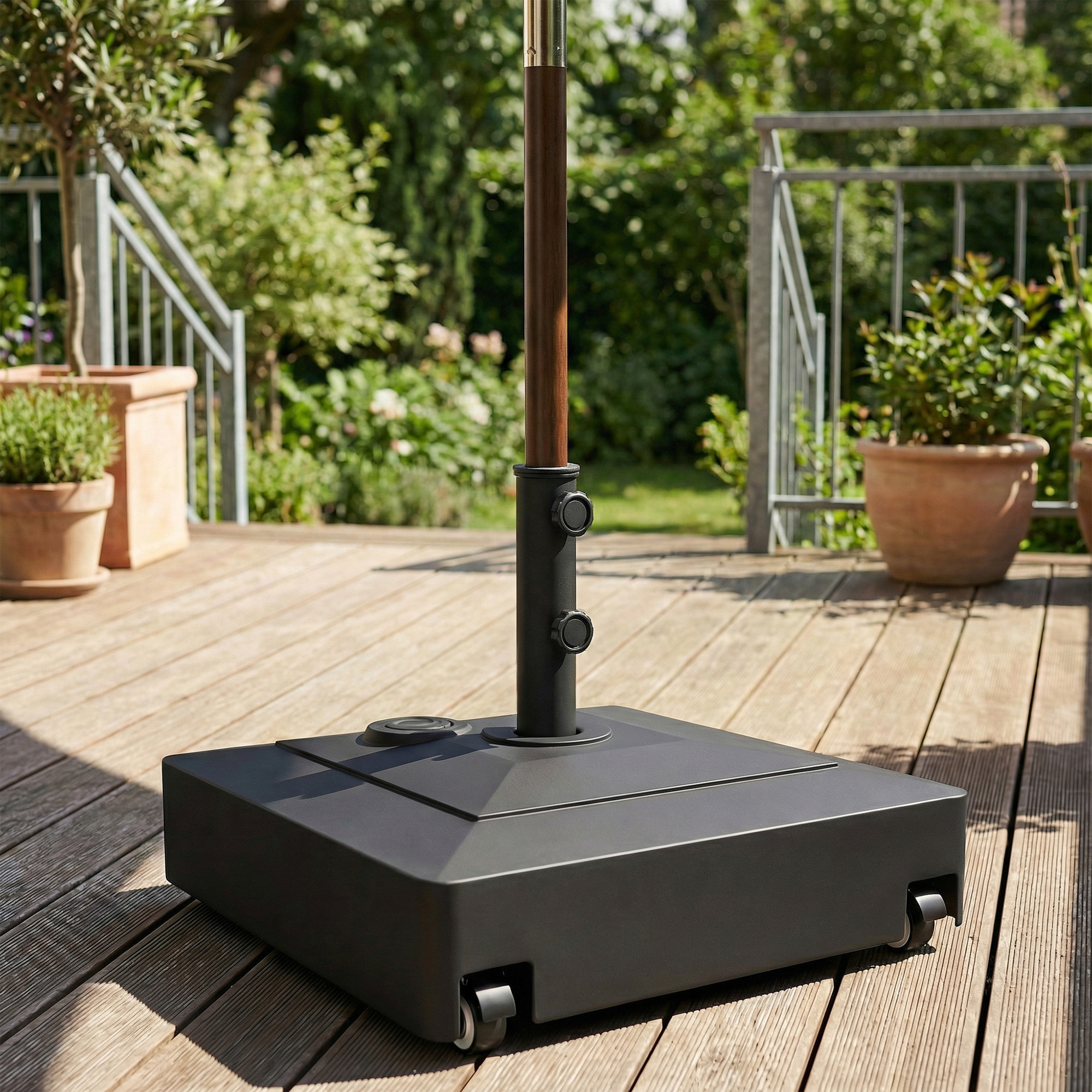 Base para Sombrilla Cuadrada con Ruedas, Soporte de Parasol de HDPE, Pie para Sombrilla con Postes Ø35/38/48 mm, Rellenable de Arena 61 kg o Agua 40 kg, para Jardín, Patio, Terraza, Negro