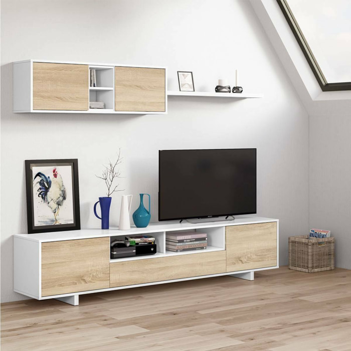 Parete attrezzata Hartford, Mobile da soggiorno porta TV, Composizione set salotto, Set salotto con pensile, cm 260x41h46, Bianco lucido e Rovere