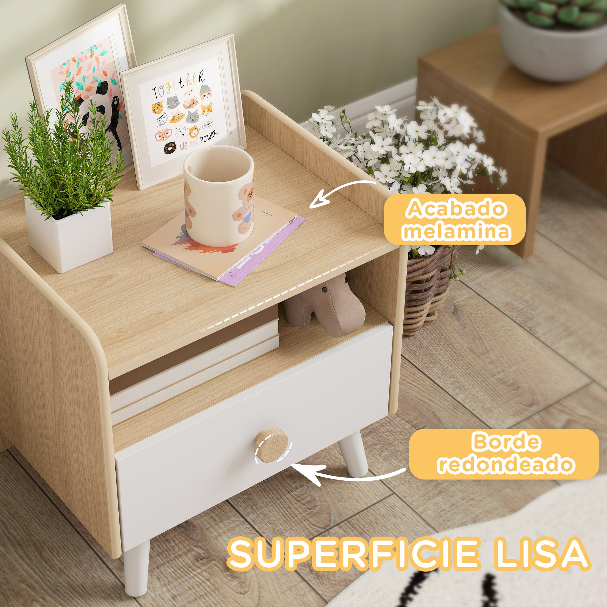 Mesita de Noche Infantil de Madera Mesita de Noche para Niños de +3 Años con Cajón y Bordes Redondeados para Dormitorio Roble y Blanco