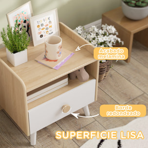 Mesita de Noche Infantil de Madera Mesita de Noche para Niños de +3 Años con Cajón y Bordes Redondeados para Dormitorio Roble y Blanco