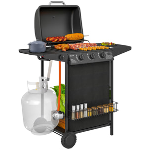 Barbacoa de Gas BBQ Gas con 3+1 Quemadores 9,5 kW Barbacoa Portátil con Termómetro Mesa Lateral Estante Especiero Parrilla Recogedor de Grasa 2 Ruedas para Jardín Exterior Camping Negro