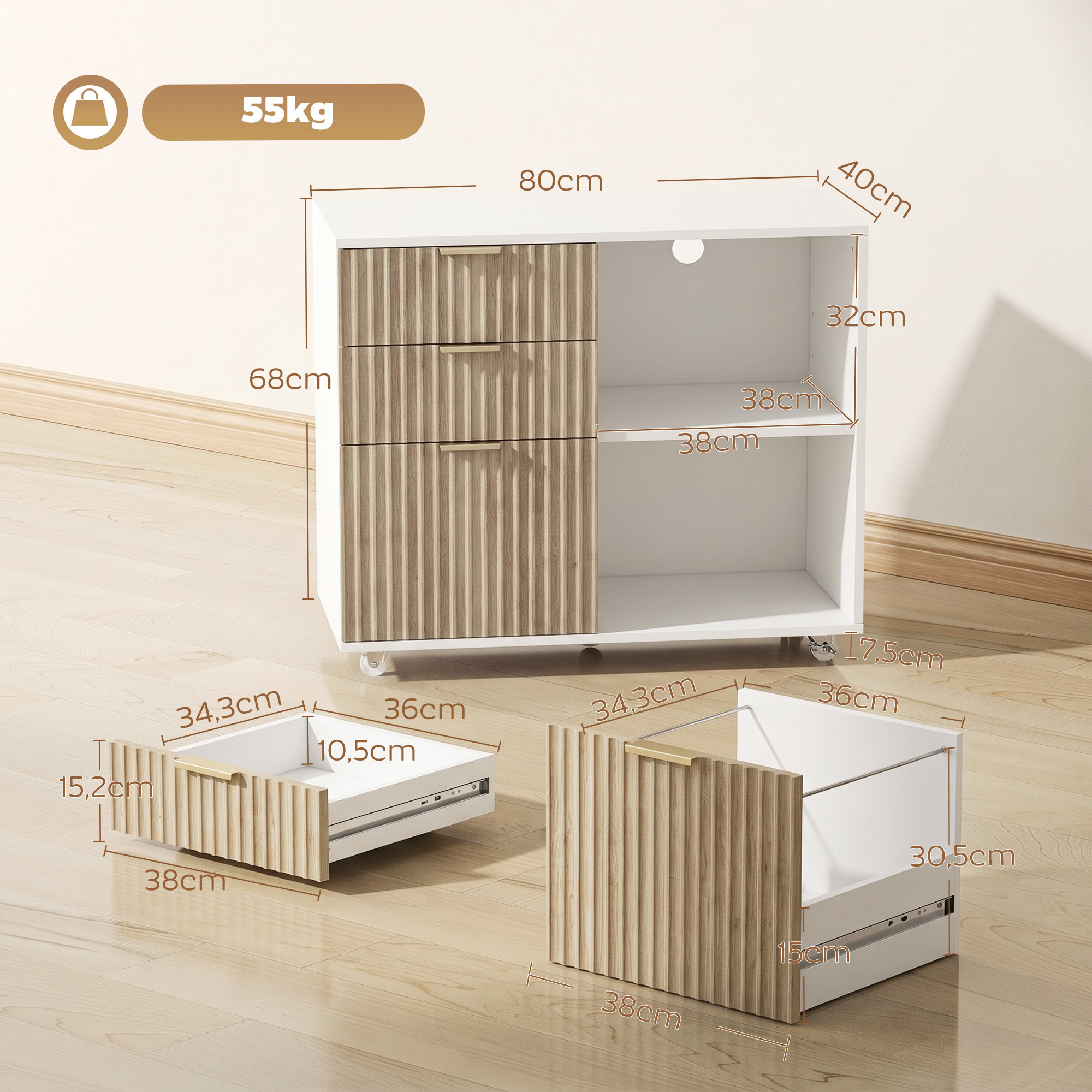 Mueble para Impresora con Ruedas, Mesa para Impresora con 3 Cajones, Barra Ajustable, 2 Estantes Abiertos para Documentos Tamaño A4, Carta, Archivador Móvil para Oficina en Casa, Blanco y Roble