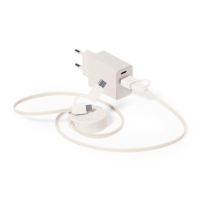 Set Cargadores Cable Cargador datos fibra de trigo, Cable Extensible, Conexión Micro USB, Tipo C y Lightning 9V DC 2.1A. Funda Algodón