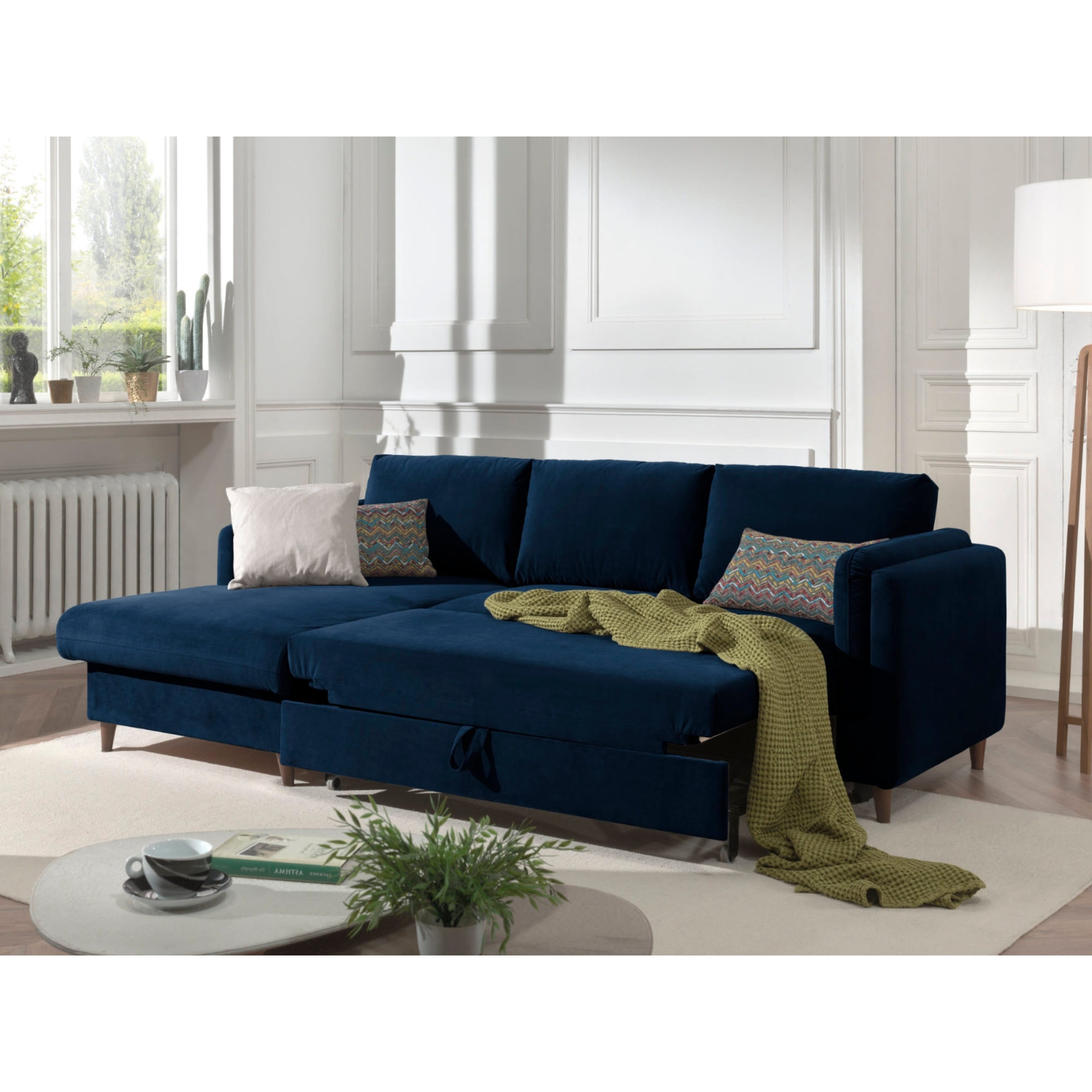 Brooke - canapé d'angle gauche - convertible avec coffre - 4 places - en velours - Bleu nuit