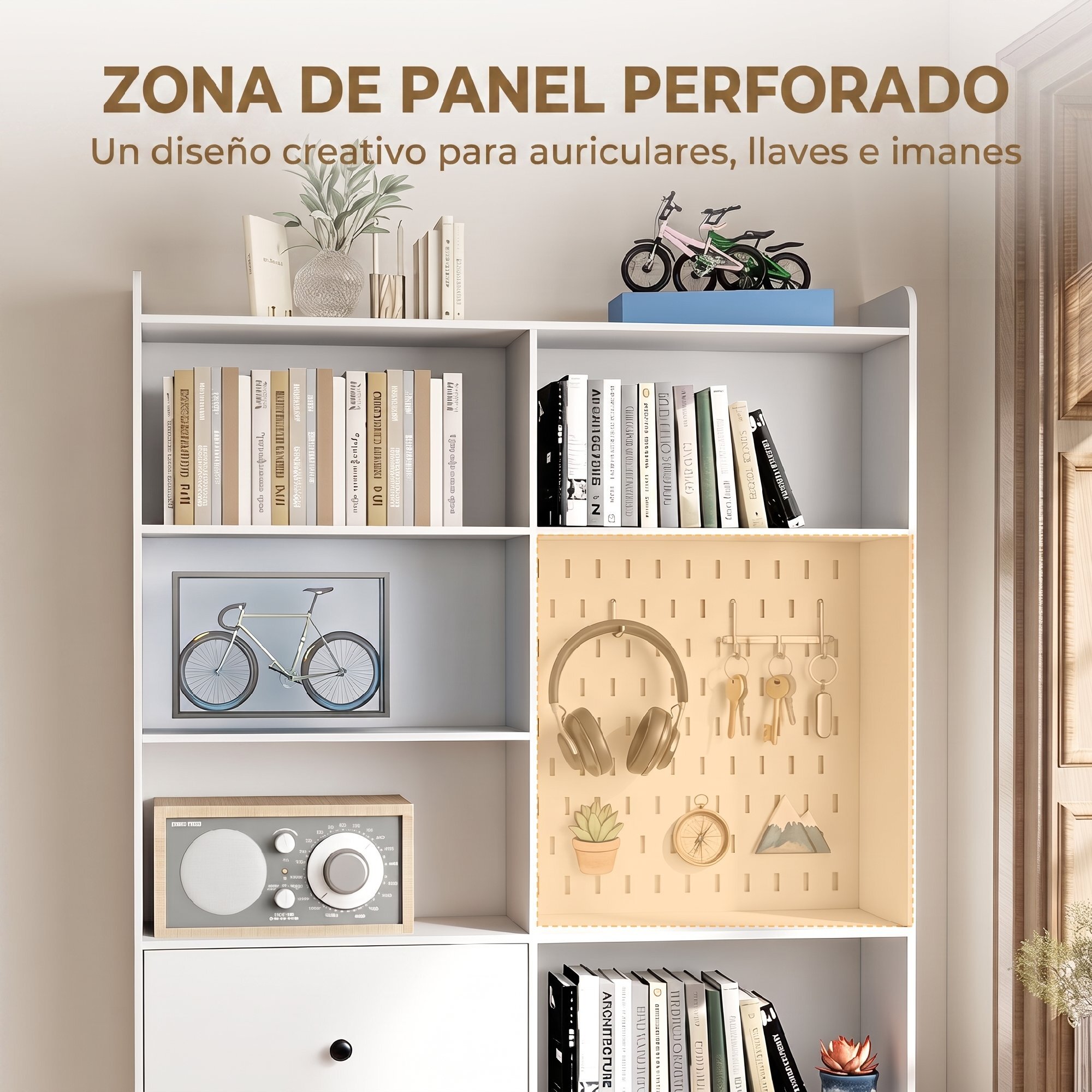 Estantería para Libros Alta y Estrecha, Librería de 6 Niveles con Panel Perforado, 2 Cajones, 8 Compartimentos Abiertos, Armario para Salón, Estudio, Oficina, 120x30x200 cm, Blanco