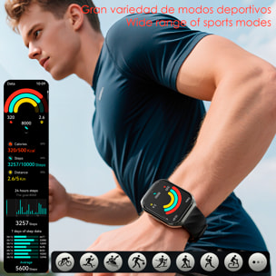 Smartwatch QS66. Display da 1,83" con batteria a lunga durata. Chiamate Bluetooth, assistente vocale, monitoraggio della salute e molteplici modalità sportive. Cinturino in pelle.