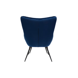 Fauteuil avec repose-pieds design en tissu velours bleu foncé et métal noir MOOD