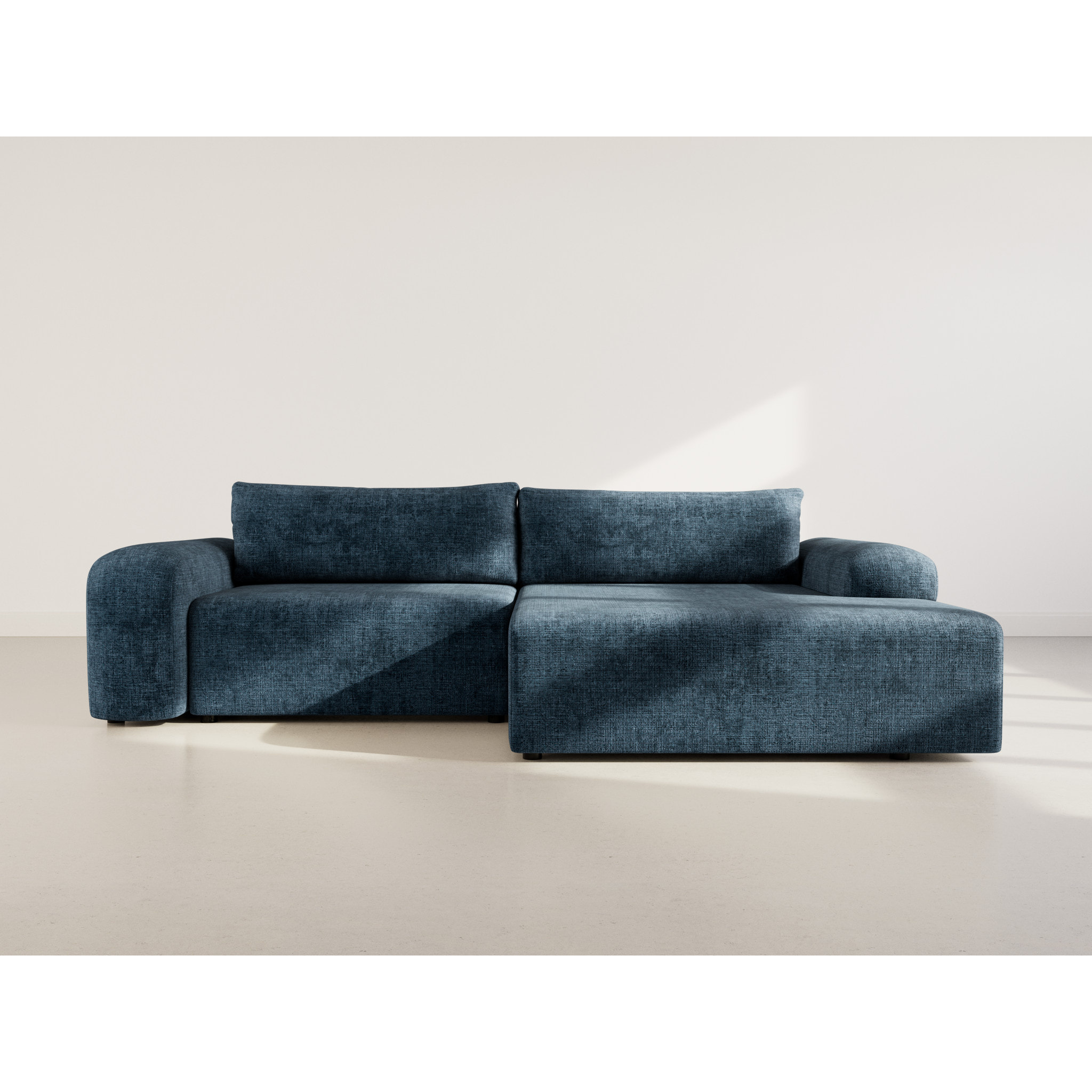 Rebecca - canapé d'angle droit 4 places convertible avec coffre en velours texturé - Bleu