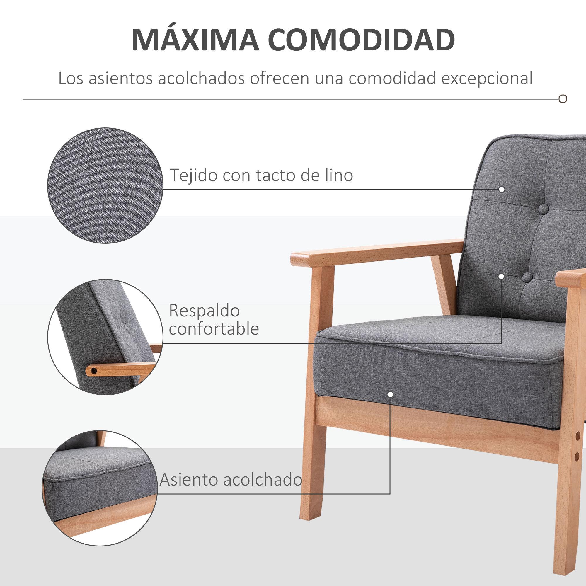 Butaca de Salón Moderno Sillón Individual Tapizado en Lino con Asiento Acolchado y Marco de Madera para Oficina Dormitorio Carga 200 kg 70x64,5x74 cm Gris