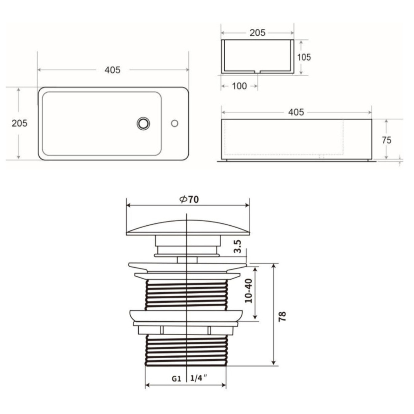 Brevis Lave-mains suspendu Noir mat avec trou pour robinetterie à gauche, 40,5x20,5x10,5cm + Bonde