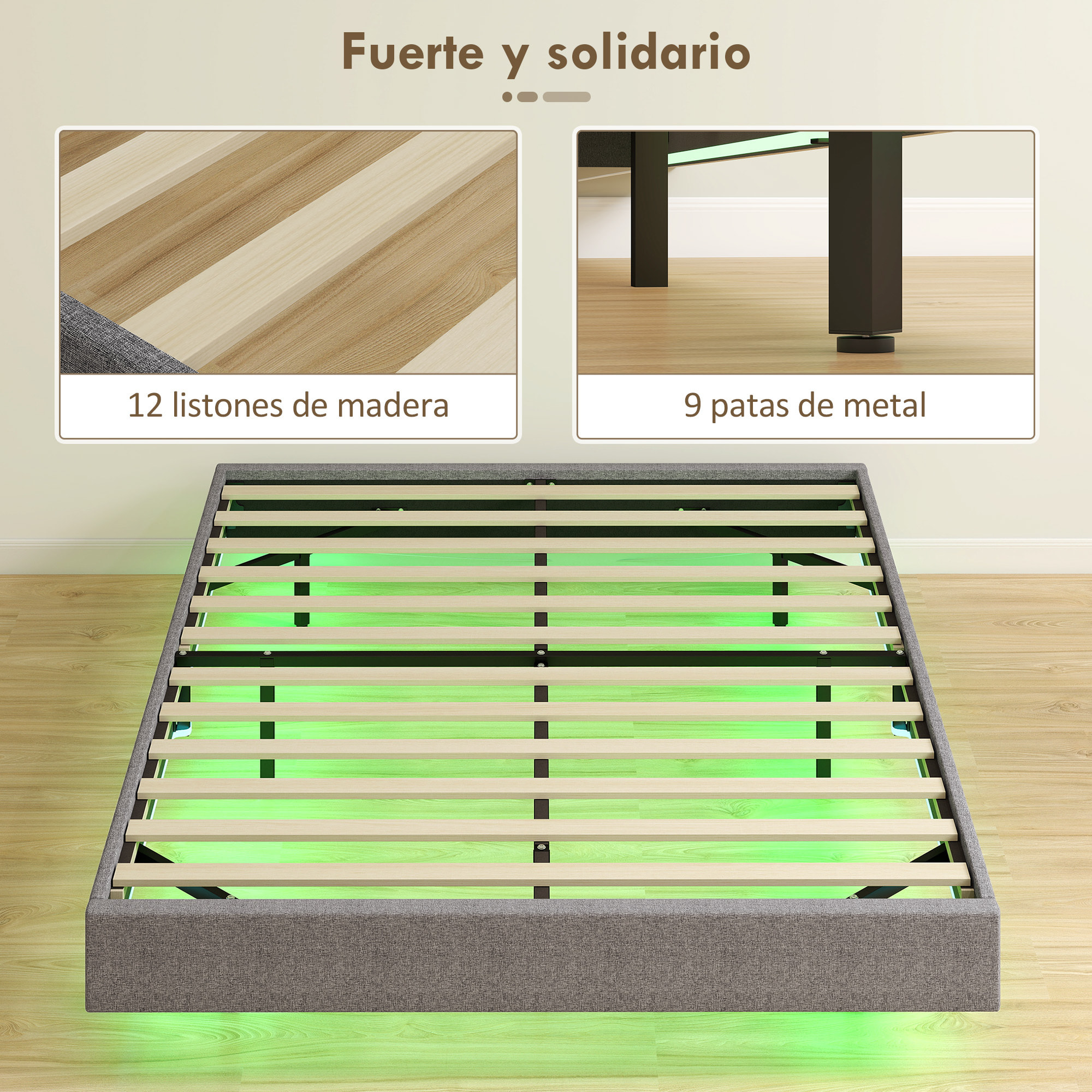 Somier Flotante 140x190 cm con Luces LED, Estructura de Cama, Tapizado en Lino, Láminas de Madera, Silencioso, Fácil de Montar, Gris