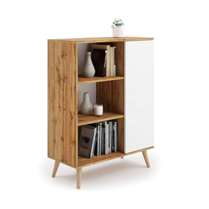 Credenza a 1 anta e 2 ripiani, Buffet con piedini, Madia da soggiorno in stile scandi, Libreria con scaffali, cm 40x90h116, colore Bianco e Acero