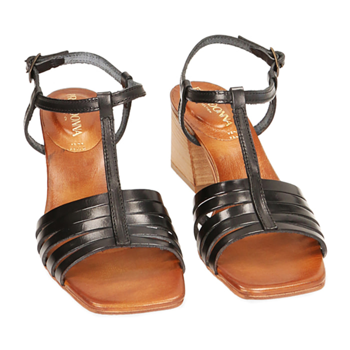 Sandalias negras en piel de vacuno, tacón de 8 cm