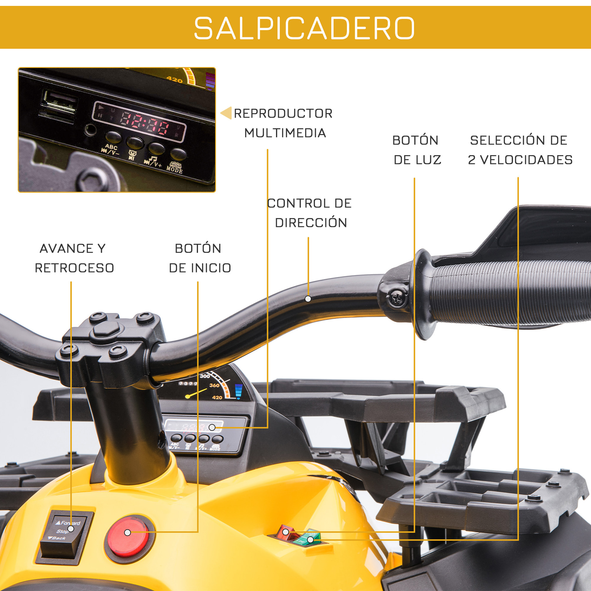 Quad Eléctrico Niños +3 Años 12V con Faros Música Suspensión Retroceso Amarillo