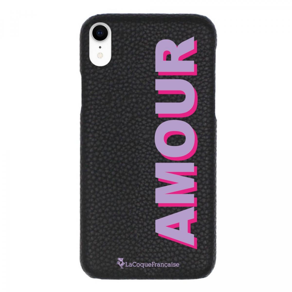 Coque iPhone Xr effet cuir grainé noir Amour parme et fushia Design La Coque Francaise