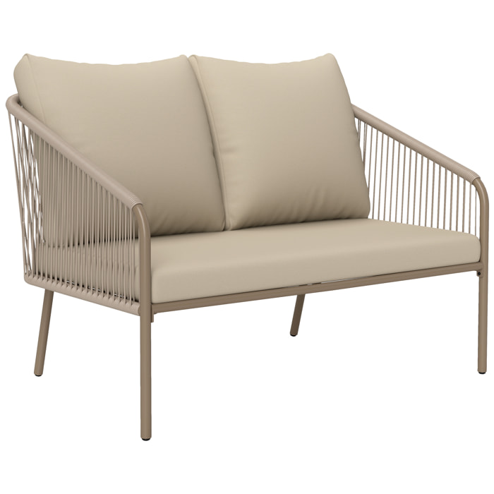 Canapé de jardin 2 places style bohème chic avec coussins assise dossier acier résine filaire grège