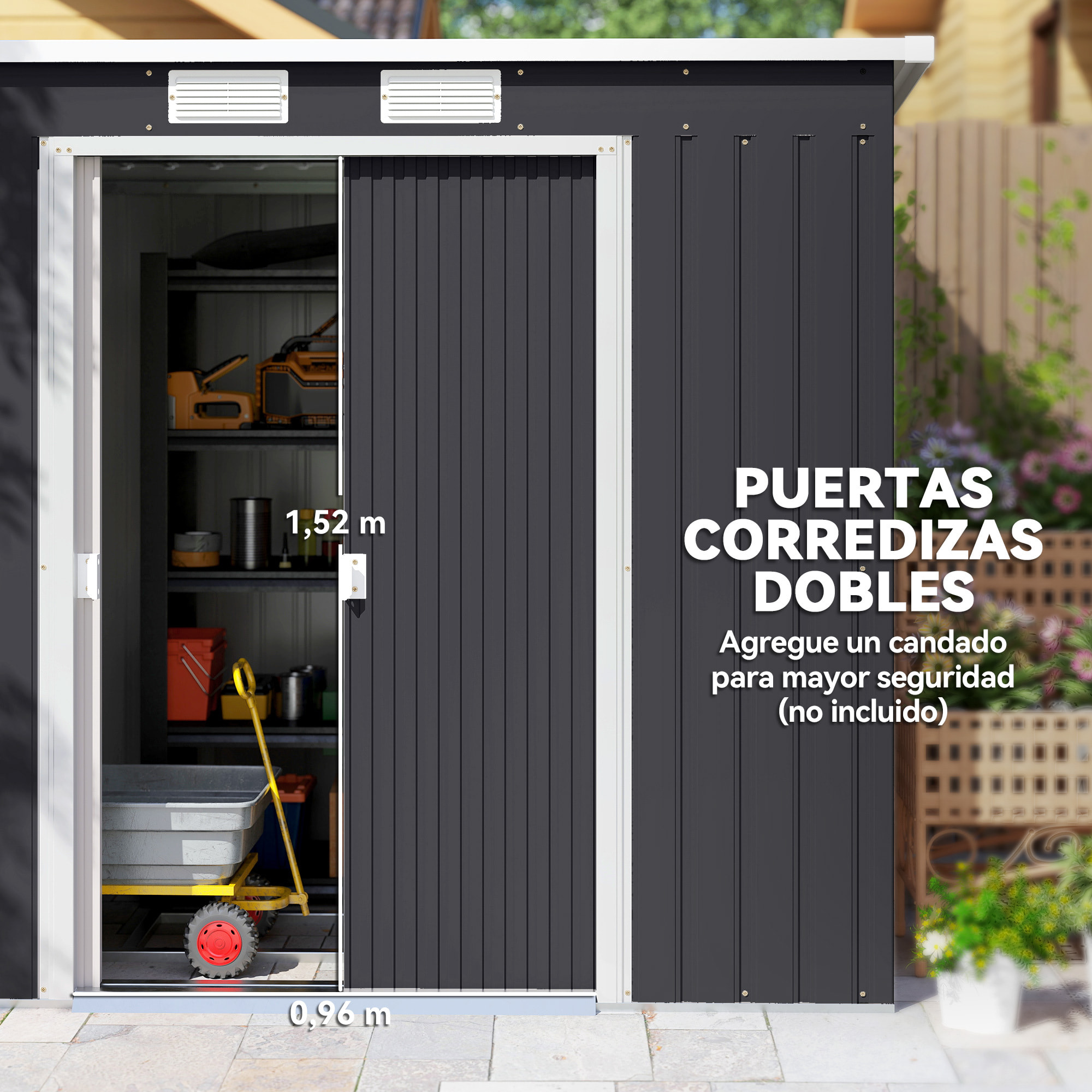 Caseta de Jardín Exterior 2,4 m², 213x130x172 cm, Cobertizo de Jardín Exterior Metálico con Puerta Corredera, Techo Inclinado, Base Refuerzo (Suelo NO Incluido) y 2 Ventanas, Gris Oscuro