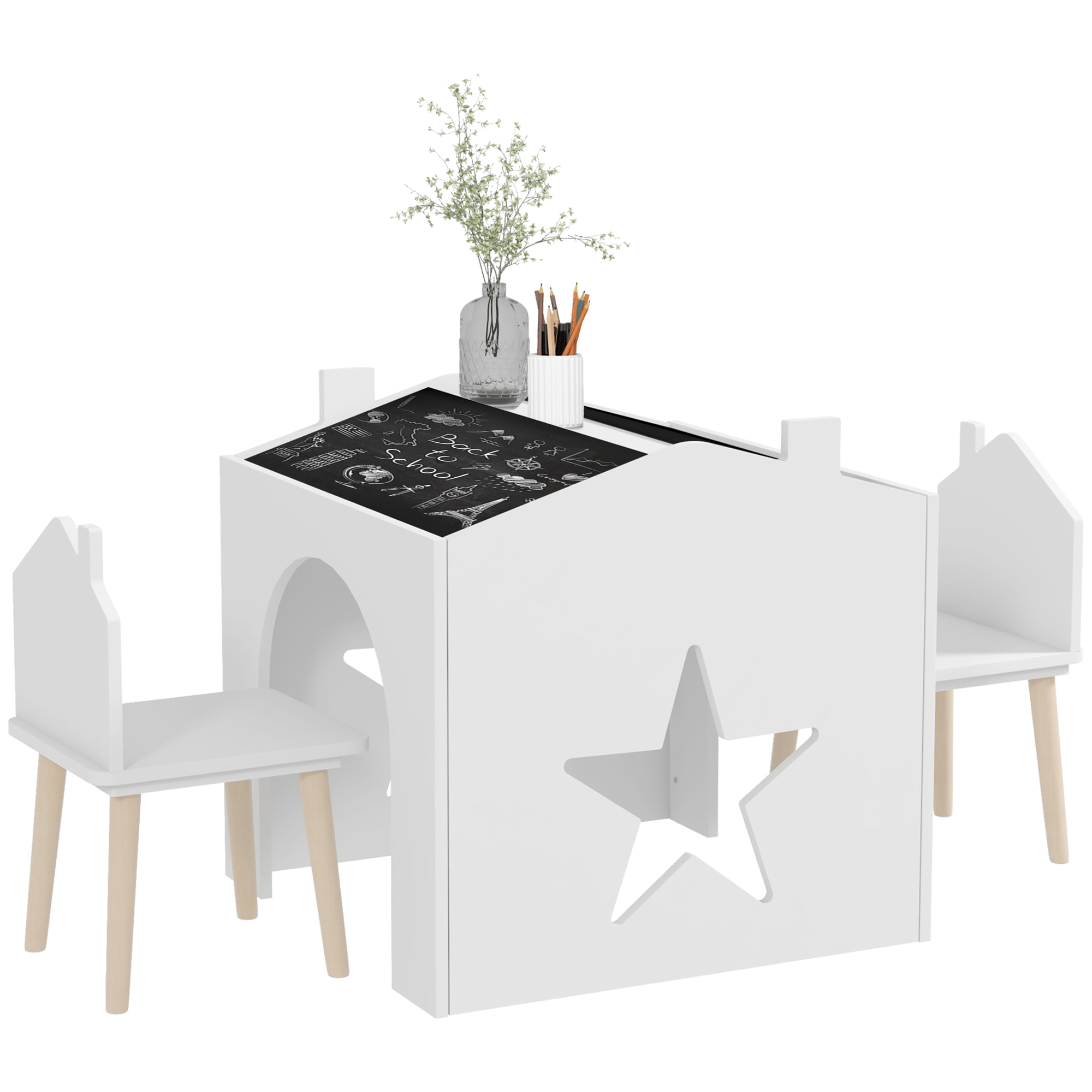 Ensemble 1 table et 2 chaises enfants avec plateau de tableau noir, pieds en pin, pour 3-8 ans, blanc