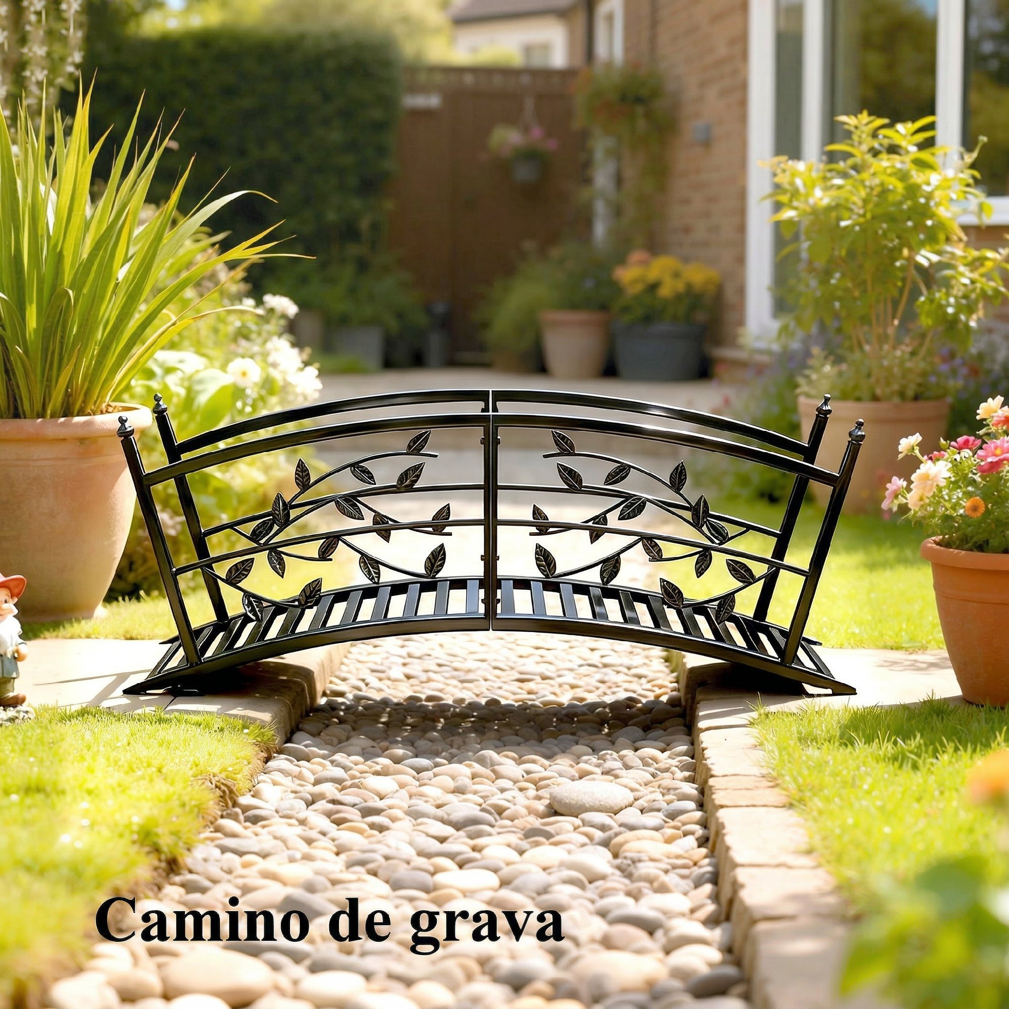 Puente de Jardín Metálico, 1,2 m, Puente Decorativo para Estanques con Barandillas de Seguridad y Diseño de Hojas, Carga 100 kg, Construcción Resistente, Fácil Montaje, Negro