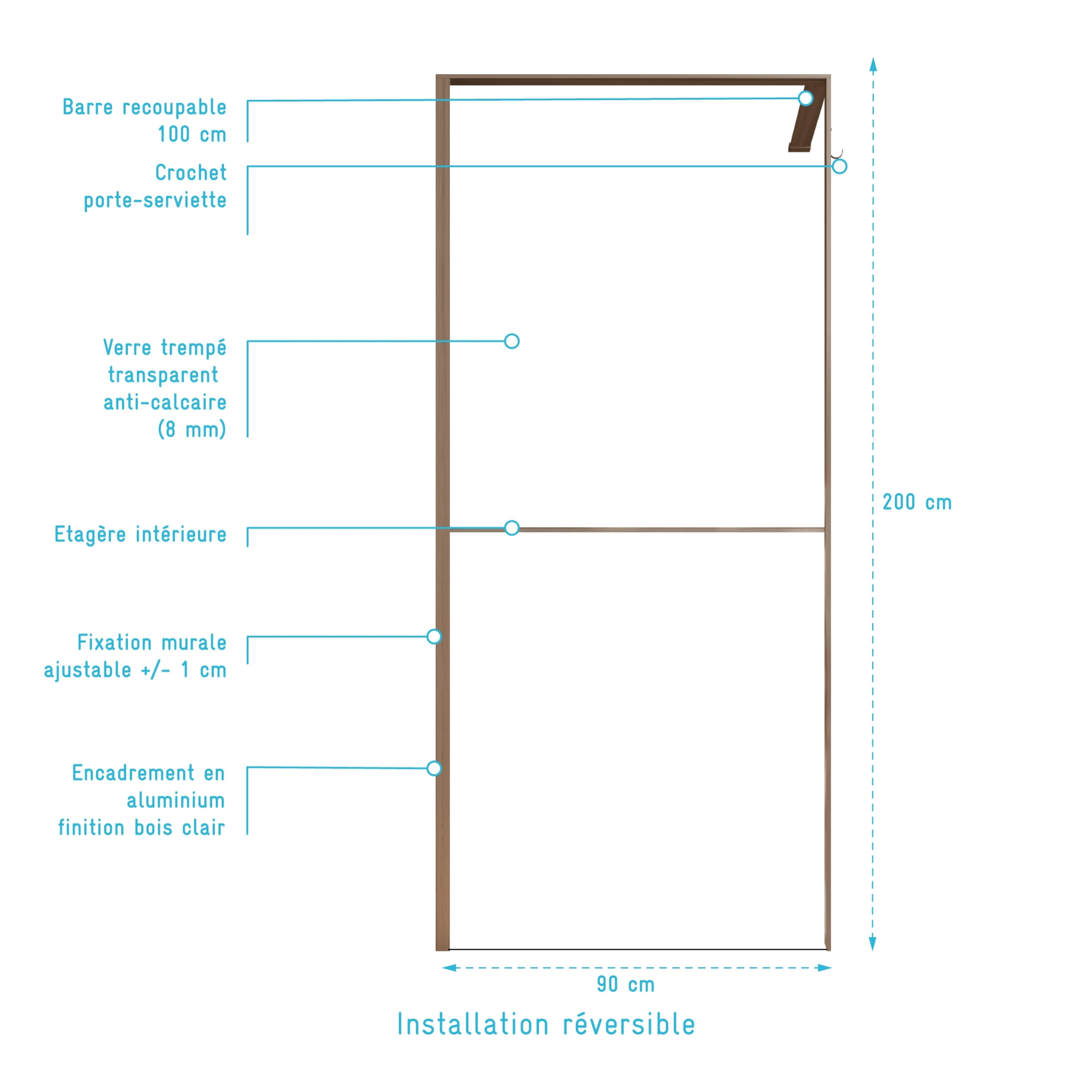 Paroi de douche 90x200cm - Cadre et étagère finition chêne clair - Verre 8mm anticalcaire - ETHAN