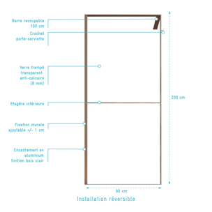 Paroi de douche 90x200cm - Cadre et étagère finition chêne clair - Verre 8mm anticalcaire - ETHAN