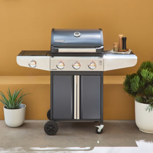 Barbecue au gaz - Bazin 3 Gris anthracite -  Cuisine extérieure 3 brûleurs + 1 feu latéral avec tablettes et thermomètre. rangement. roues