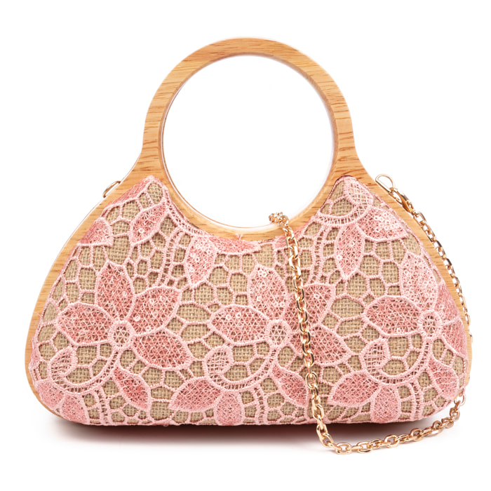 Avisio pochette realizzata in legno naturale, cotone e juta con design a rete di tessuto floreale