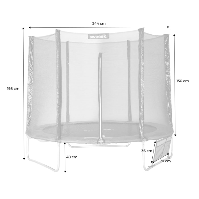 Trampoline 250 cm. gris. avec filet de protection. bâche. filet pour chaussures. kit d’ancrage