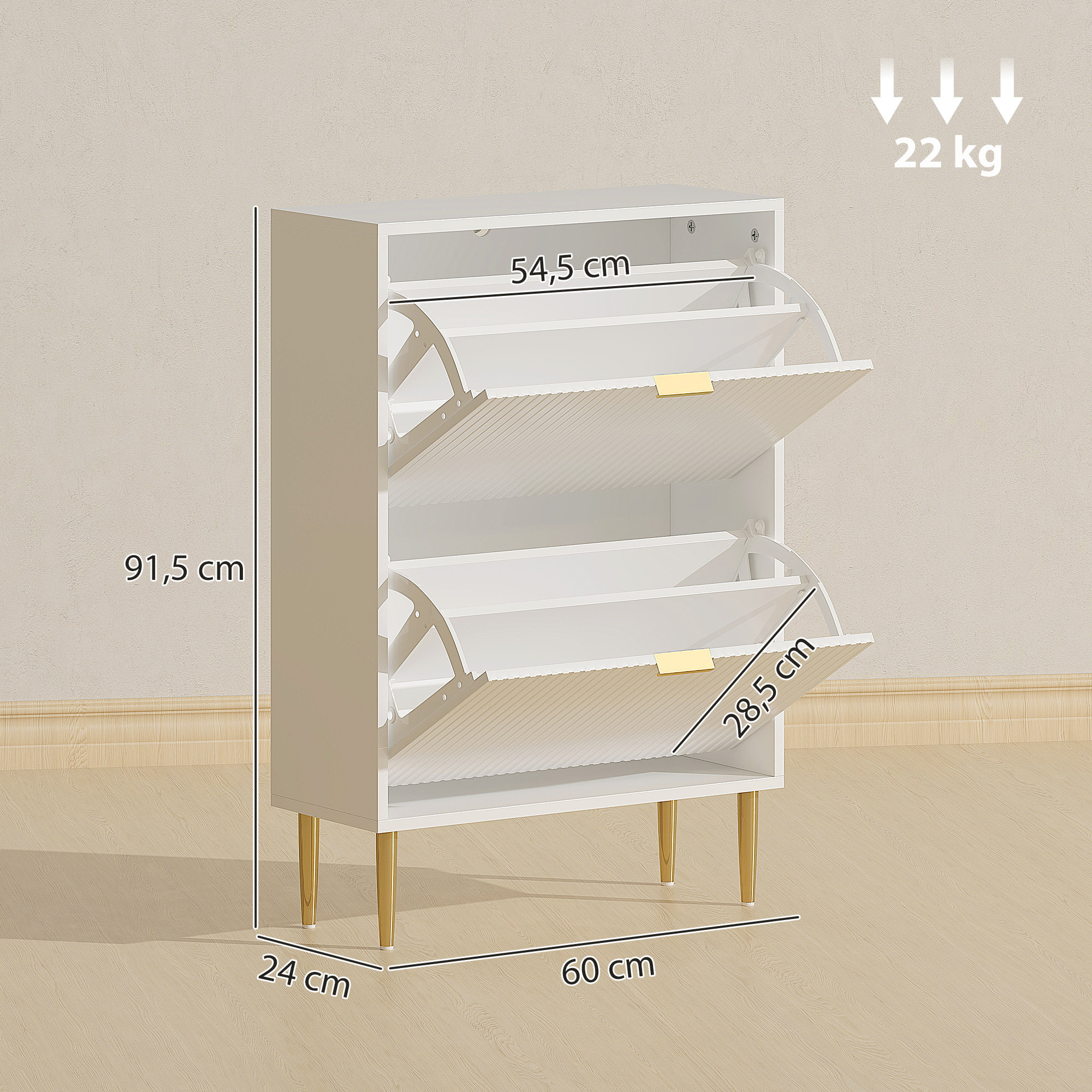 Meuble à chaussures style Art déco 2 portes piètement poignées métal doré 60 x 24 x 91,5 cm blanc