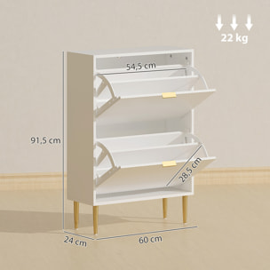 Meuble à chaussures style Art déco 2 portes piètement poignées métal doré 60 x 24 x 91,5 cm blanc