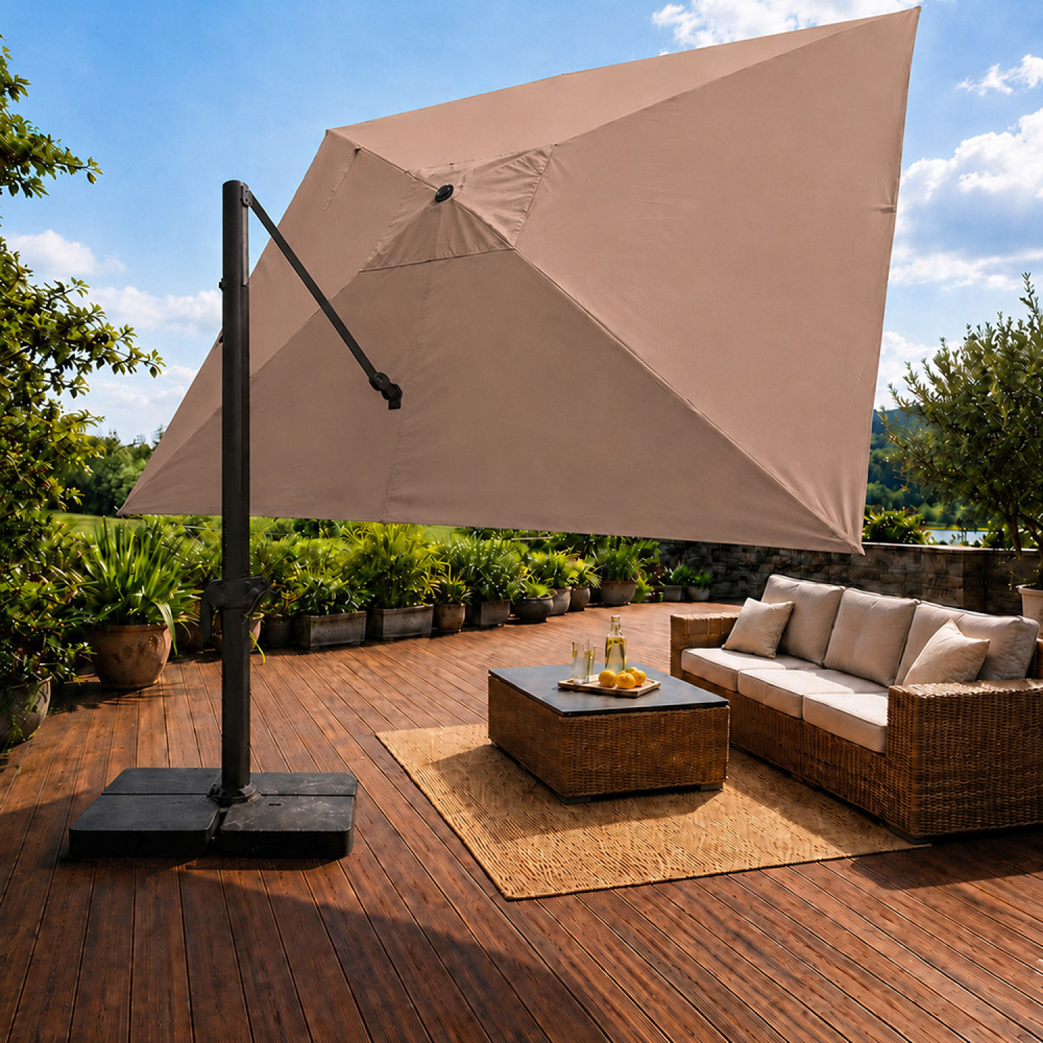 Parasol rectangulaire 3x4 déporté rotatif taupe en aluminium GHAZIE