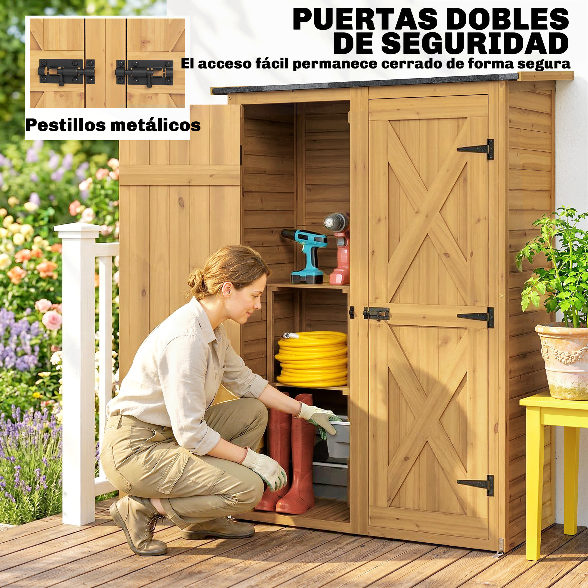 Caseta de Jardín de Madera 115x53x156 cm, Cobertizo Jardín Exterior, Armario Exterior para Herramientas con Puertas Dobles con Pestillo, 2 Estantes y Techo Inclinado, Resistente, Marrón