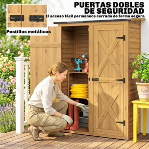 Caseta de Jardín de Madera 115x53x156 cm, Cobertizo Jardín Exterior, Armario Exterior para Herramientas con Puertas Dobles con Pestillo, 2 Estantes y Techo Inclinado, Resistente, Marrón