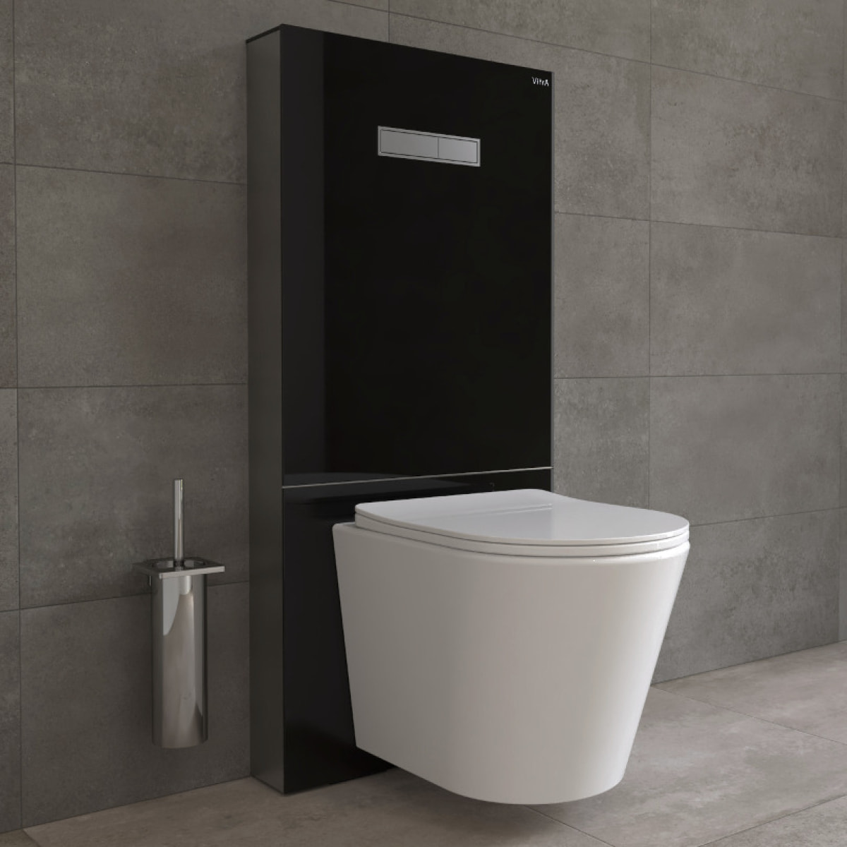 Pack Bâti support en verre trempé/aluminium brossé avec plaque intégrée, Noir brillant + WC sans bride SAT + Abattant softclose