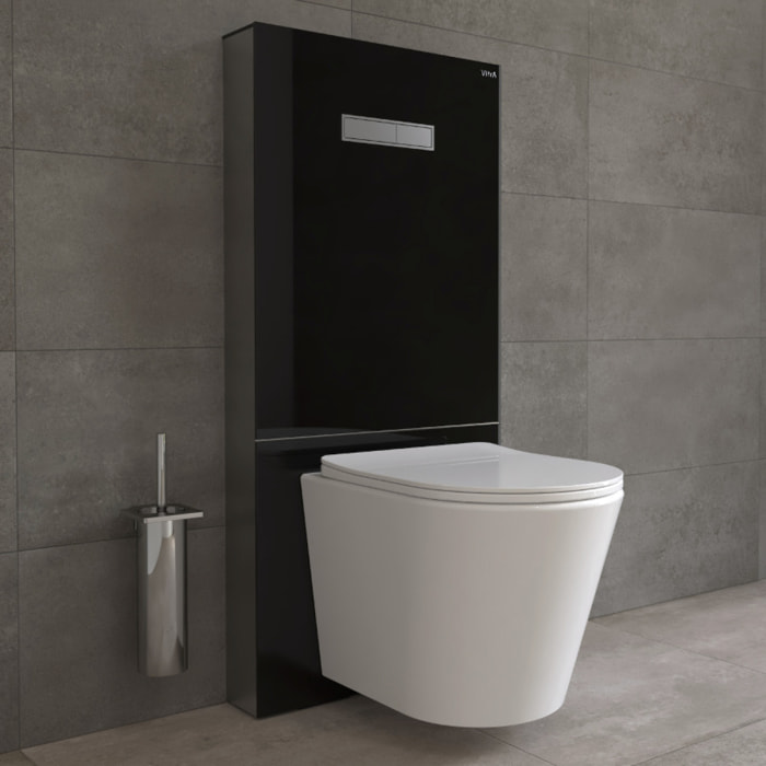 Pack Bâti support en verre trempé/aluminium brossé avec plaque intégrée, Noir brillant + WC sans bride SAT + Abattant softclose