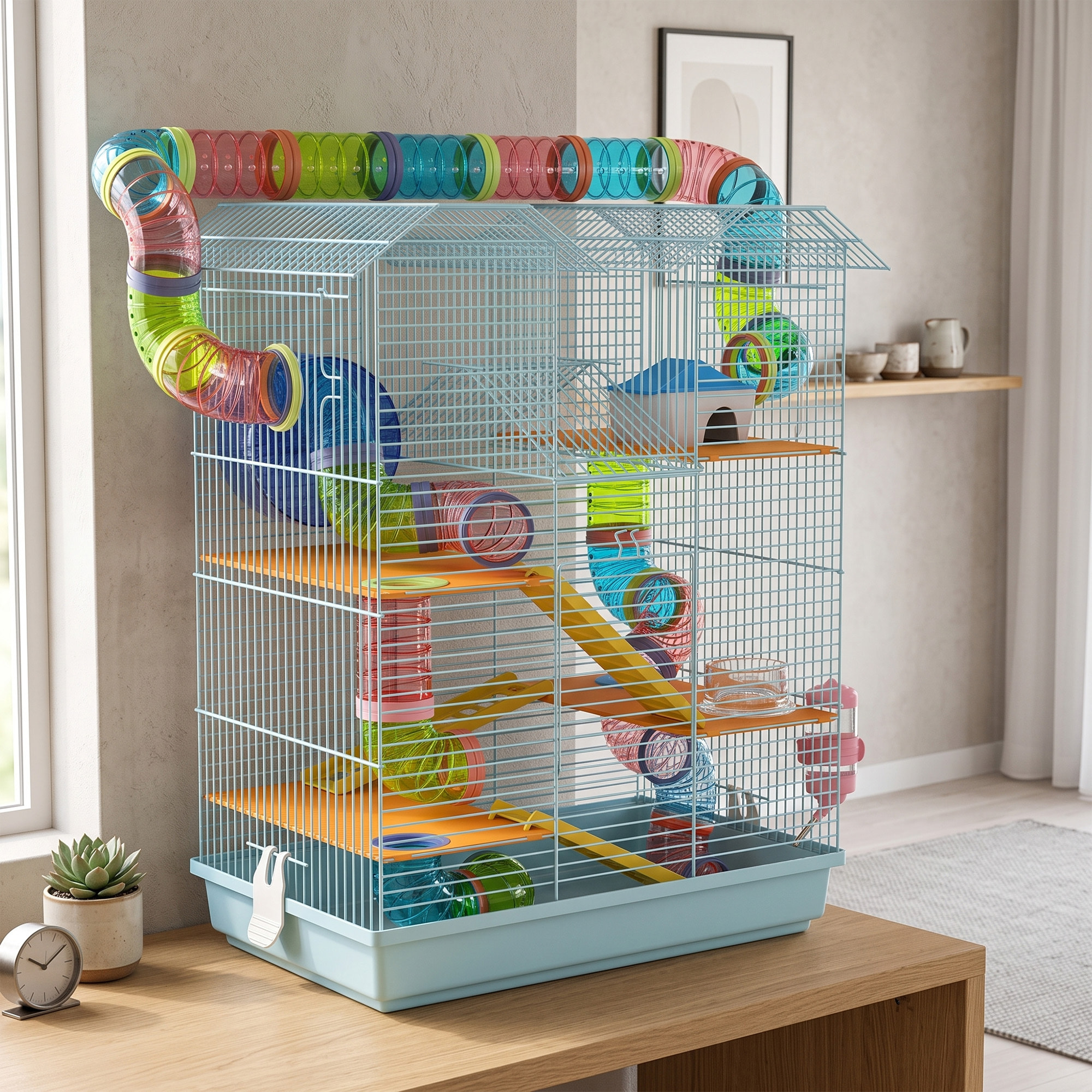 Cage pour hamster souris petits animaux rongeur avec tunnel mangeoire roue jouet 47 x 30 x 59 cm cm bleu ciel