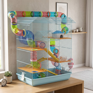 Cage pour hamster souris petits animaux rongeur avec tunnel mangeoire roue jouet 47 x 30 x 59 cm cm bleu ciel