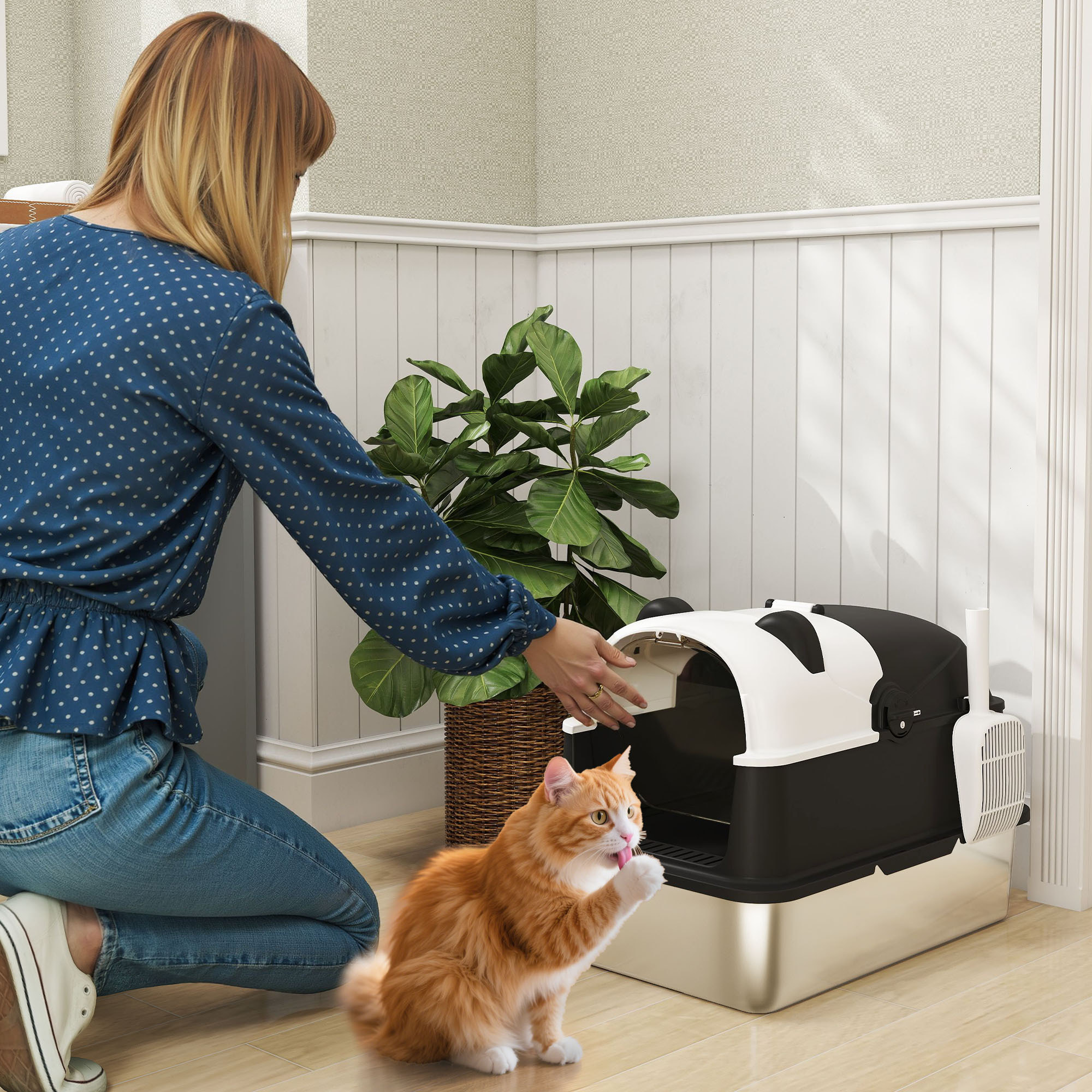 Arenero para Gatos Cubierto XL de Acero Inoxidable, Caja de Arena para Gatos Grandes con Tapa Abatible, Pala, Bolsa Desodorante, Diseño de Panda, Fácil de Limpiar, Antifugas, Sin Olor, Negro