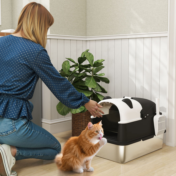 Arenero para Gatos Cubierto XL de Acero Inoxidable, Caja de Arena para Gatos Grandes con Tapa Abatible, Pala, Bolsa Desodorante, Diseño de Panda, Fácil de Limpiar, Antifugas, Sin Olor, Negro