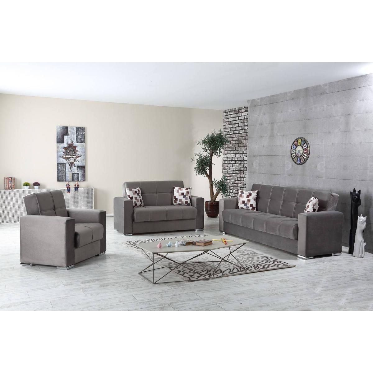 Divano letto Francisco, Divano letto contenitore a 3 posti lineare, Sofà da soggiorno in tessuto imbottito con apertura click-clack, 226x85h91 cm, Grigio